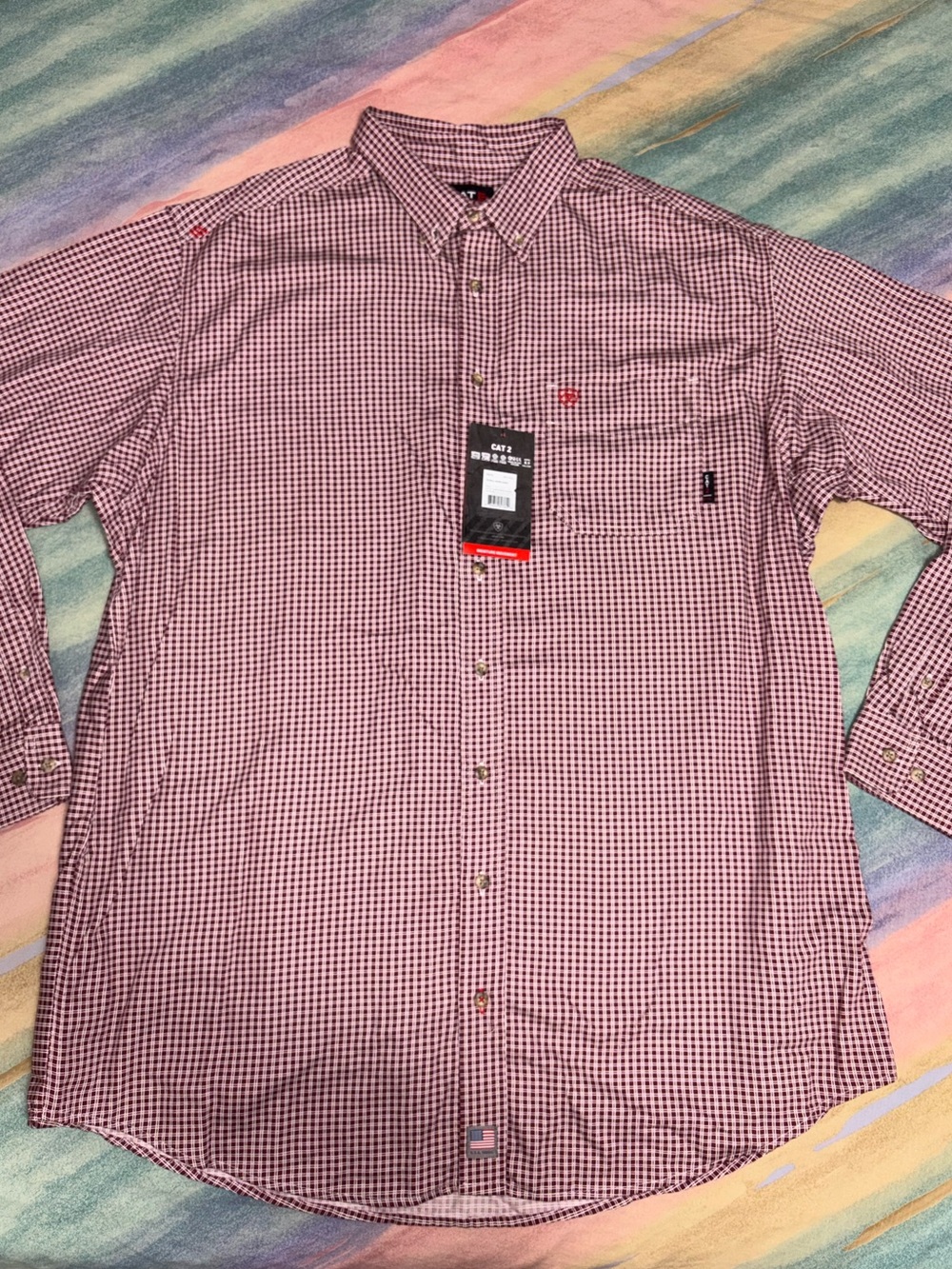 Ariat bell work shirt Check Long Sleeve FR Workwear Cotton size 2XL Tall wine